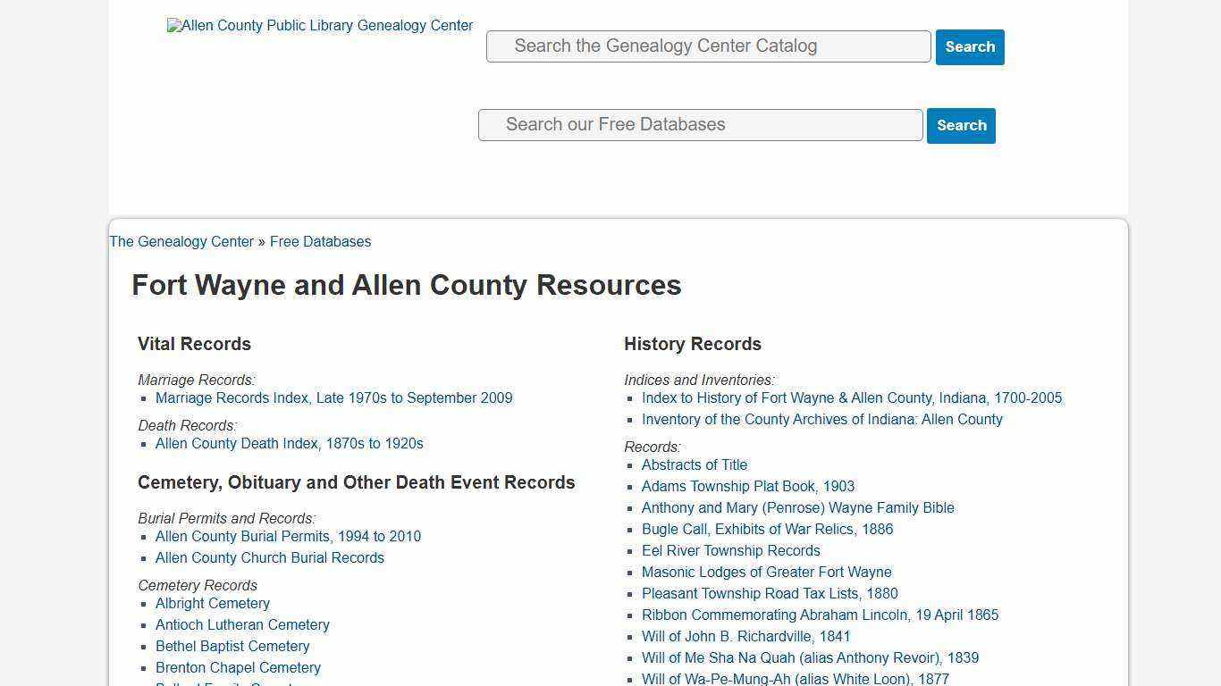 Fort Wayne and Allen County Resources - ACPL Genealogy Center