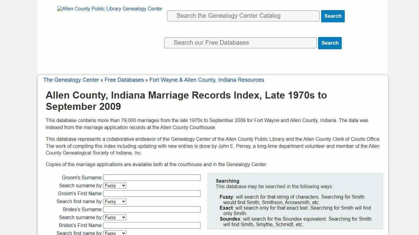 Allen County, Indiana Marriage Records Index, Late 1970s to September 2009 - ACPL Genealogy Center
